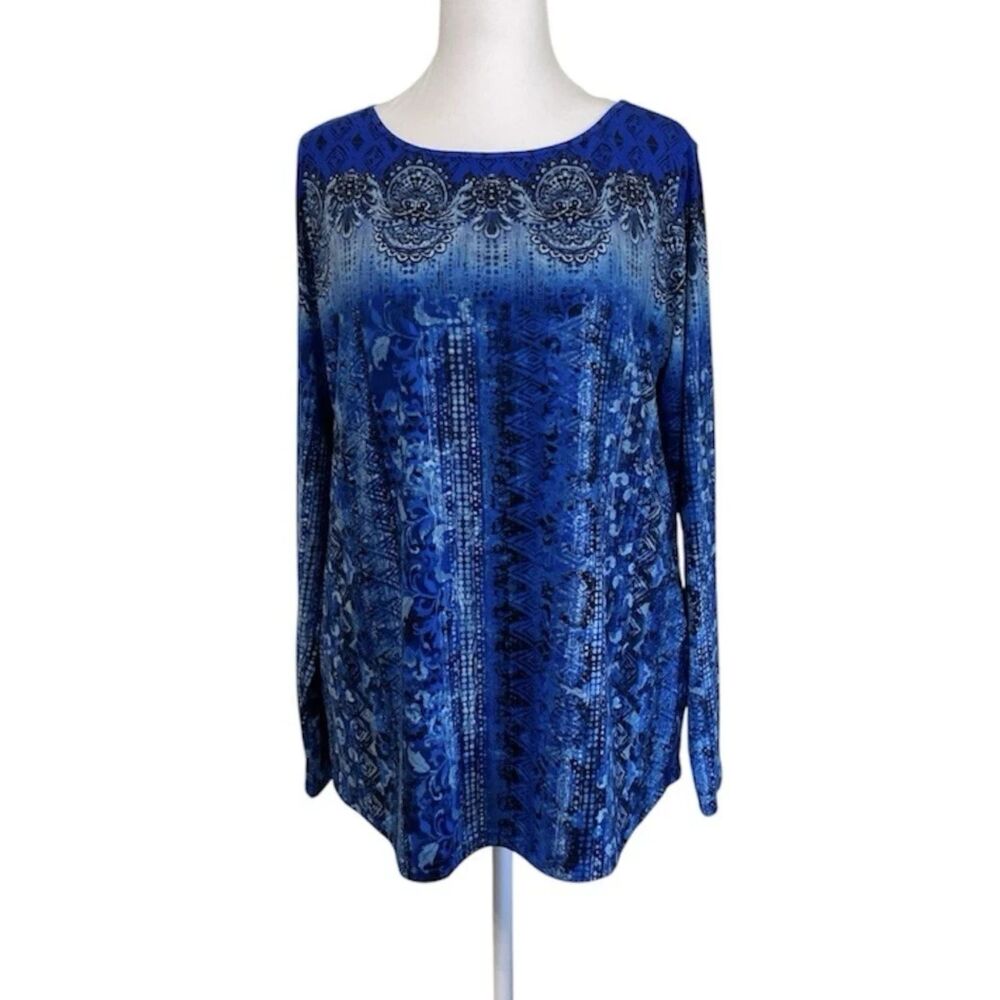 Belle Kim Gravel Water/Floral /Paisley Top Women's Large Blue Long Sleeve Tee